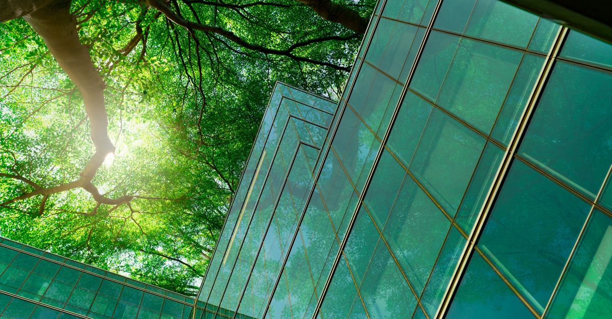 green treetops near glass building