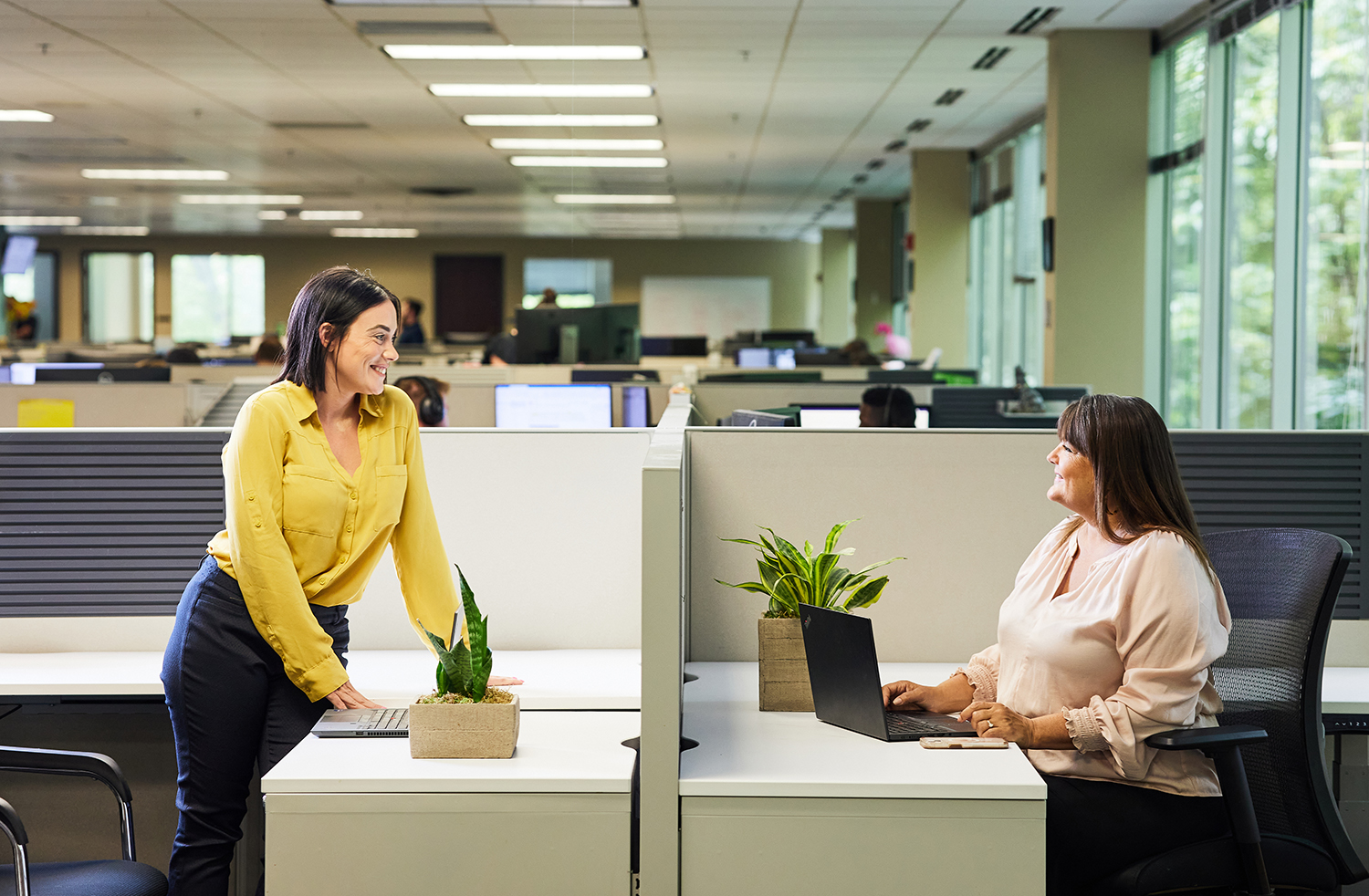 Deux femmes en tailleur échangent dans un bureau moderne, avec plantes et lumière naturelle.