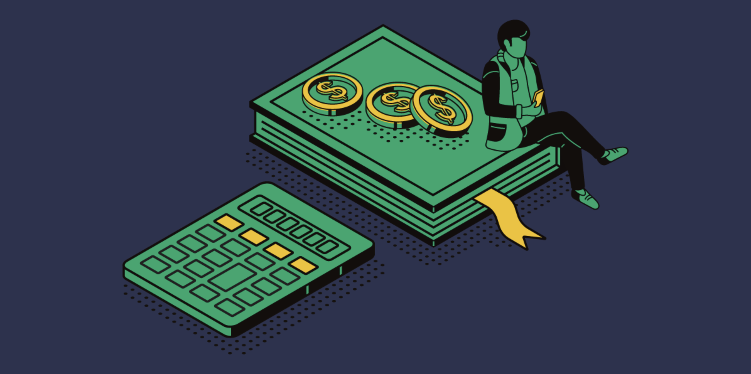 illustration of man sitting on book by calculator and coins